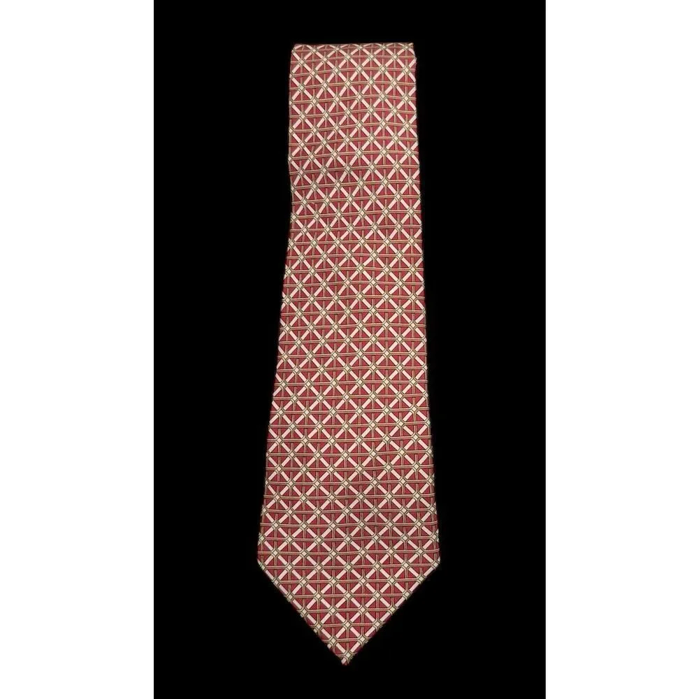 Hermes Men’s 100% Silk Tie France Red Geometric Pattern Career Dad Designer